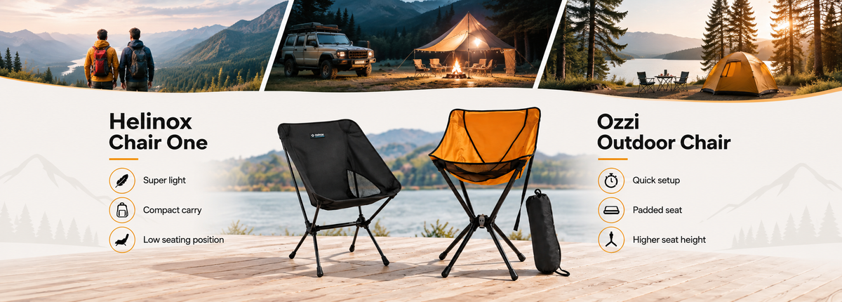 Helinox Chair One and Ozzi Outdoor Chair side by side, comparing lightweight carry, seat height, padded seating and quick setup.