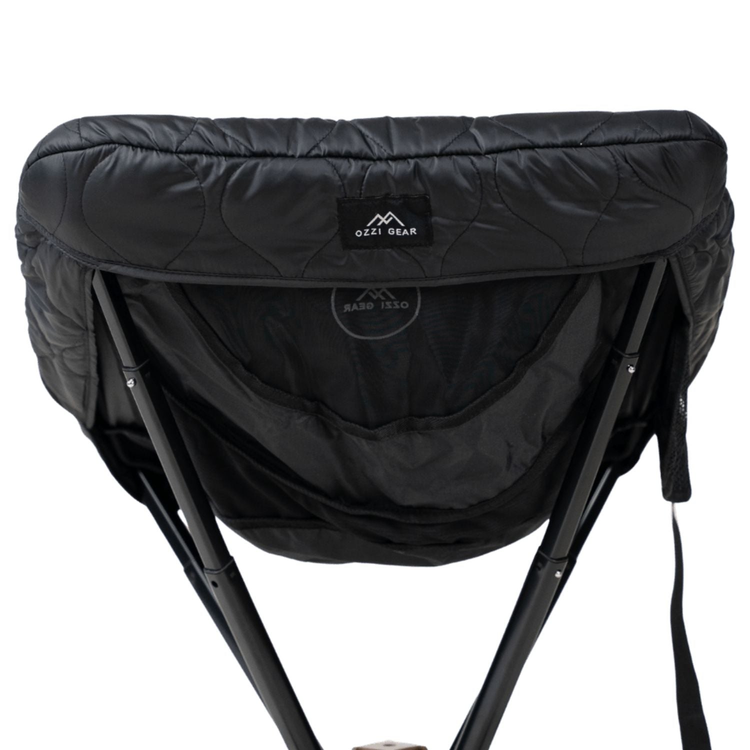 Black camping chair with quilted design and Ozzi Gear branding on a white background