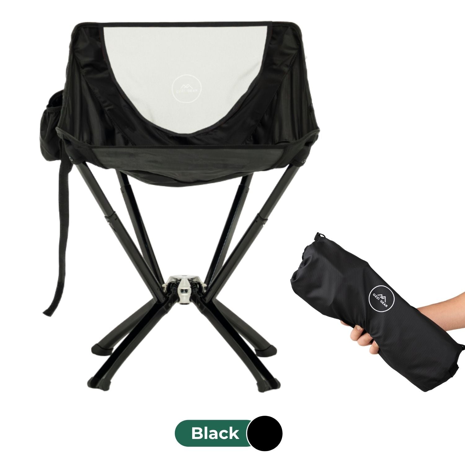 Black folding chair with carrying bag on a white background