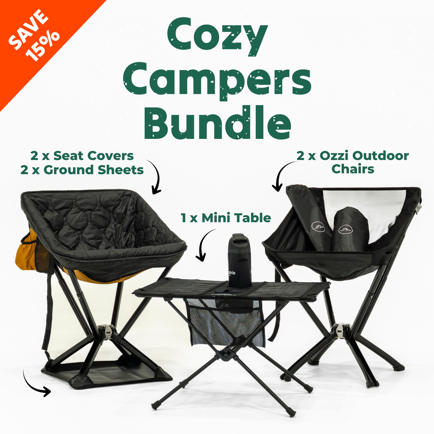 Cozy Campers Bundle outdoor chair set for two with seat covers, ground sheets and camping table