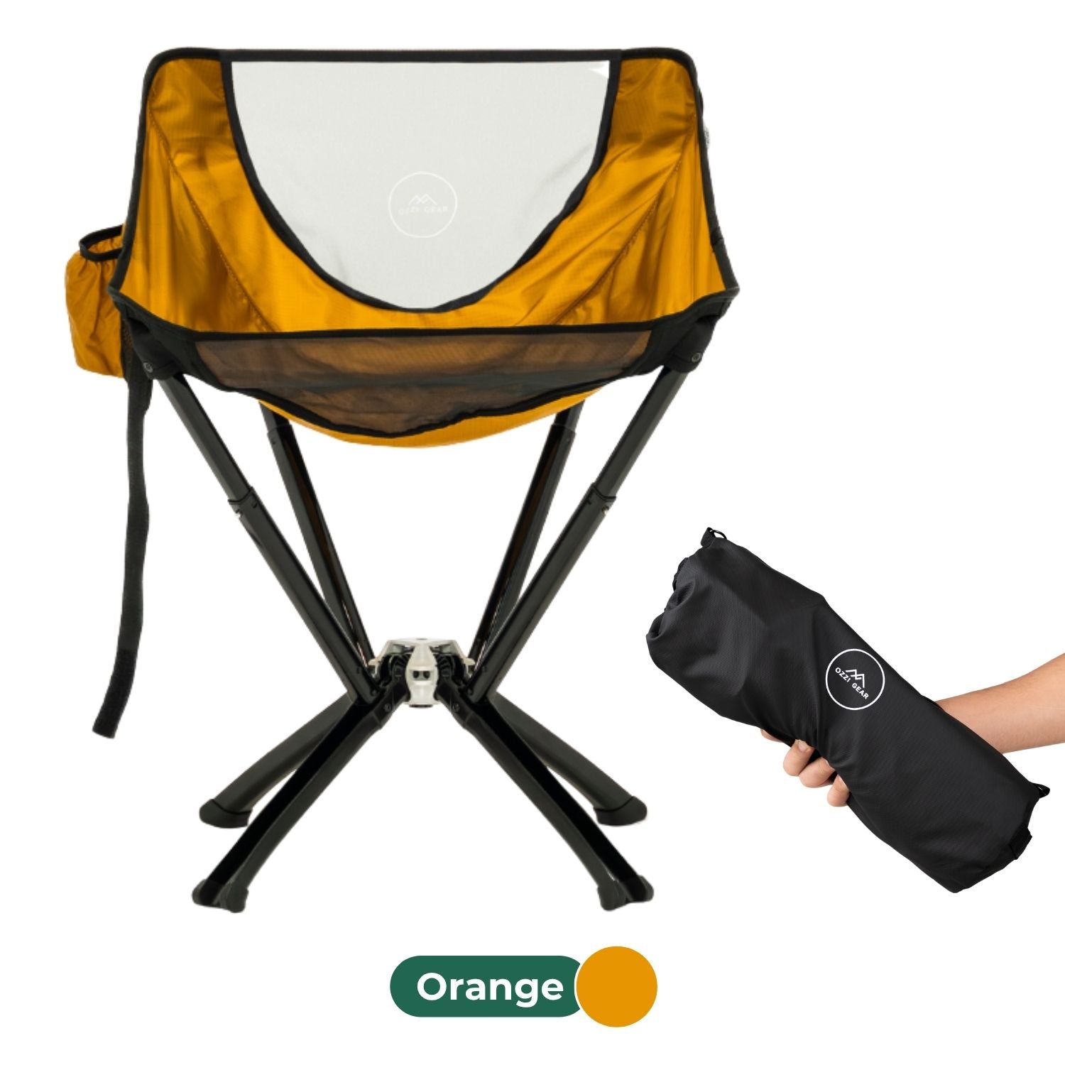Orange camping chair with black legs and a carrying bag on a white background