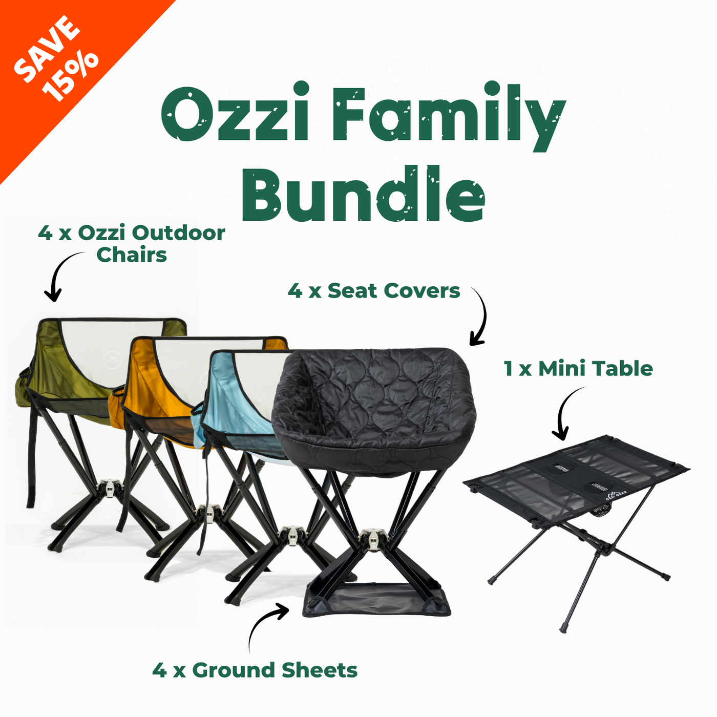 Ozzi Family Bundle complete outdoor chair set for four — chairs, seat covers, ground sheets and camping table