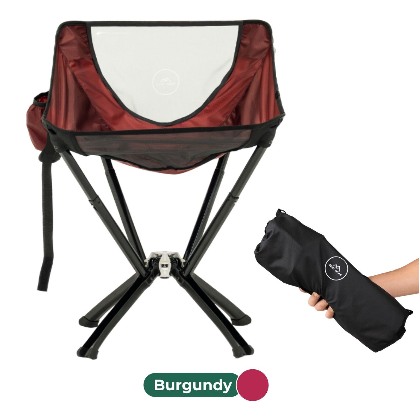 Burgundy camping chair with carrying bag on a white background
