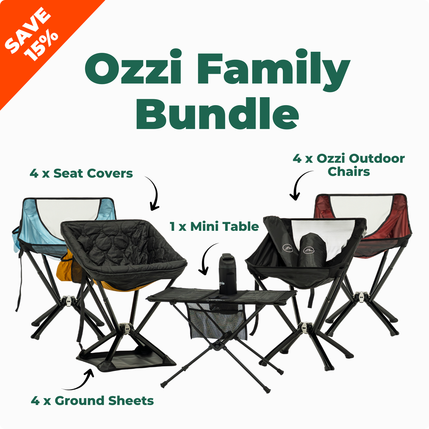 Ozzi Family Bundle with outdoor chairs, table, and seat covers on a white background