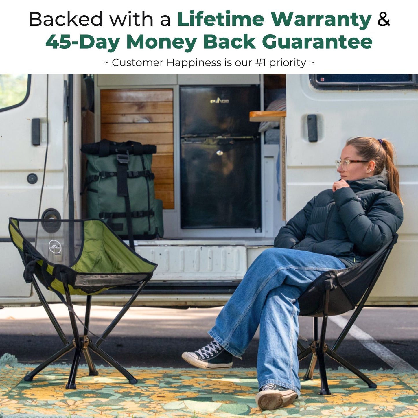 Women sitting in compact, foldable Ozzi Gear chair