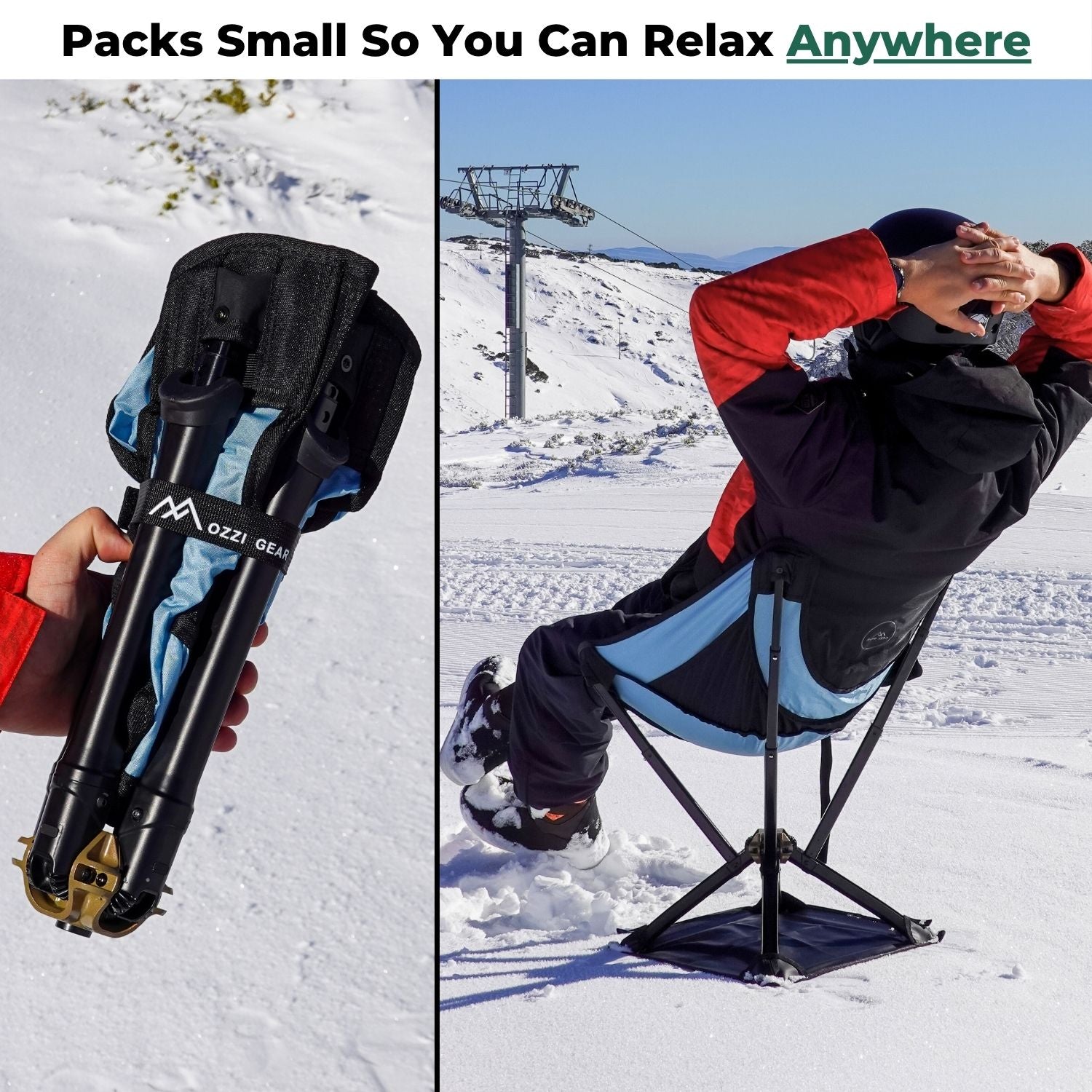 Man sitting in compact, foldable Ozzi Gear chair whilst showing how small it packs down