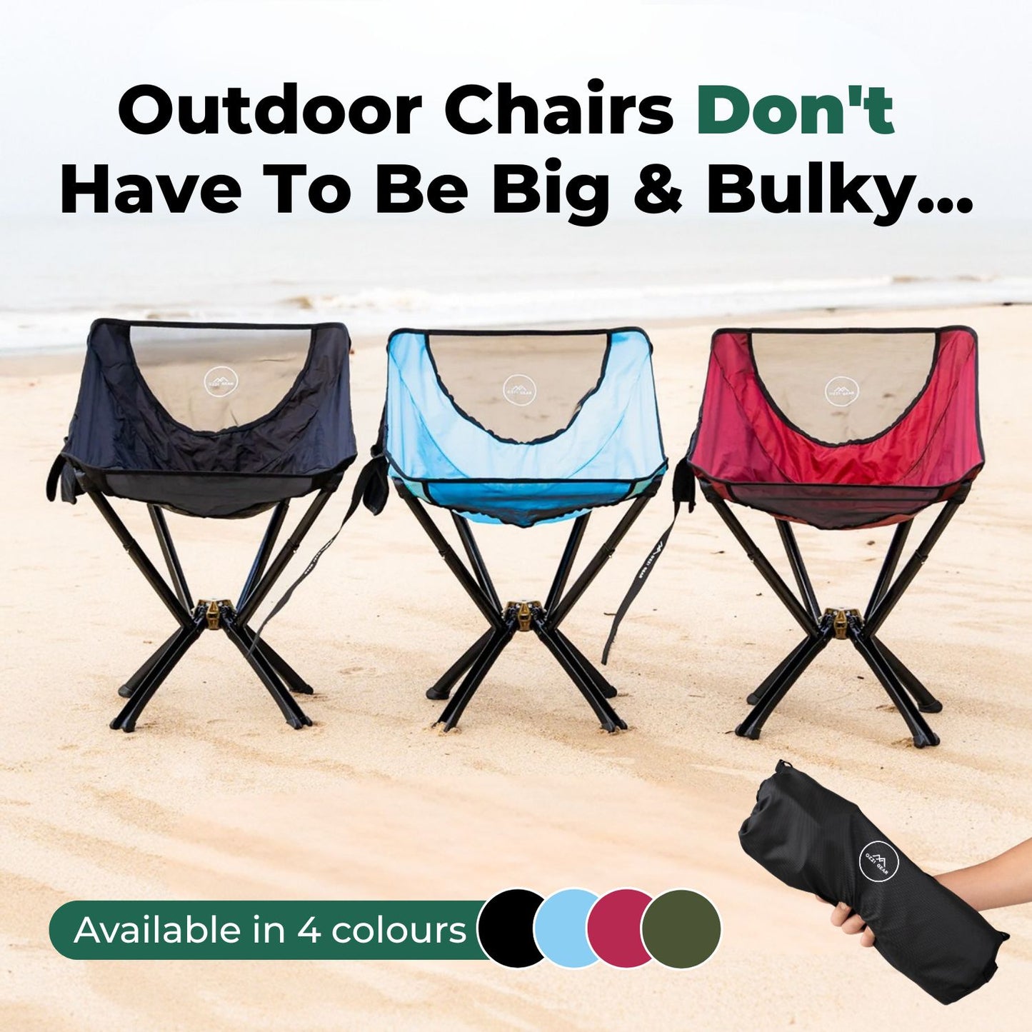Foldable Ozzi Gear chairs in three different colours
