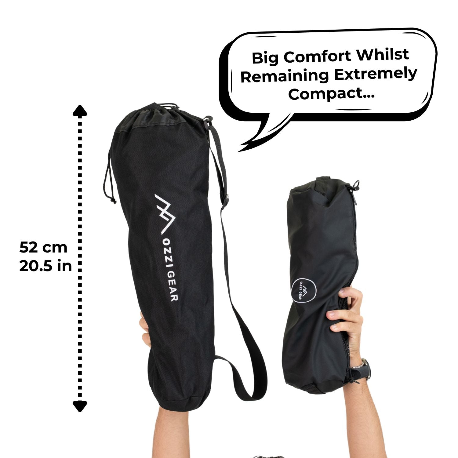Ozzi Gear carry bag shown open and closed with a measurement label and text about comfort and compactness.