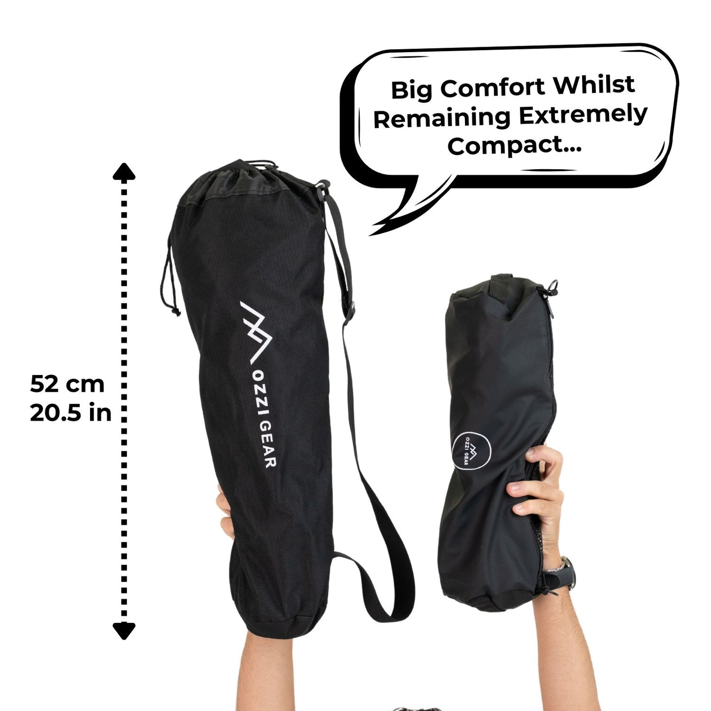 Ozzi Gear carry bag shown open and closed with a measurement label and text about comfort and compactness.