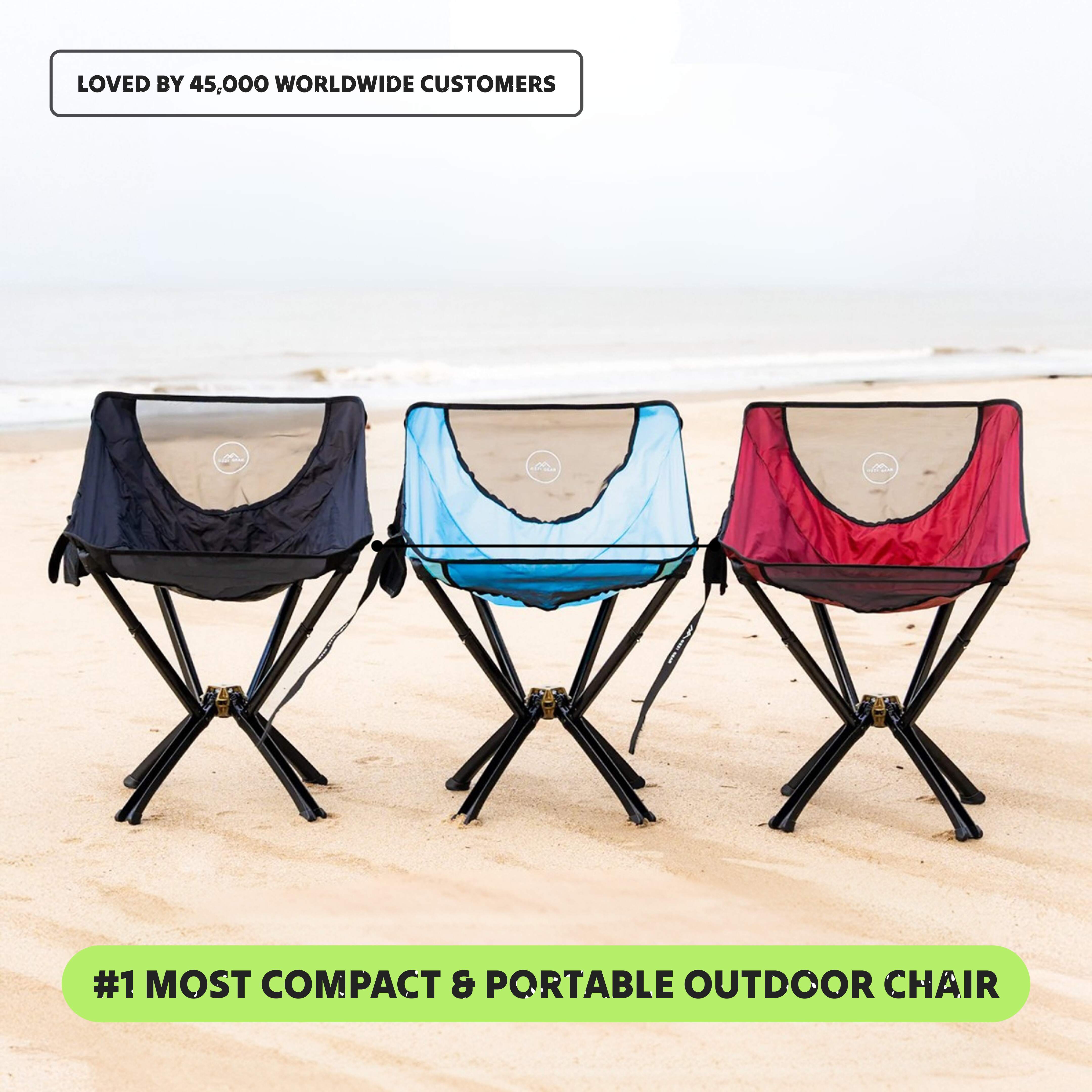 Three compact Ozzi outdoor chairs in black, blue, and red on a beach.