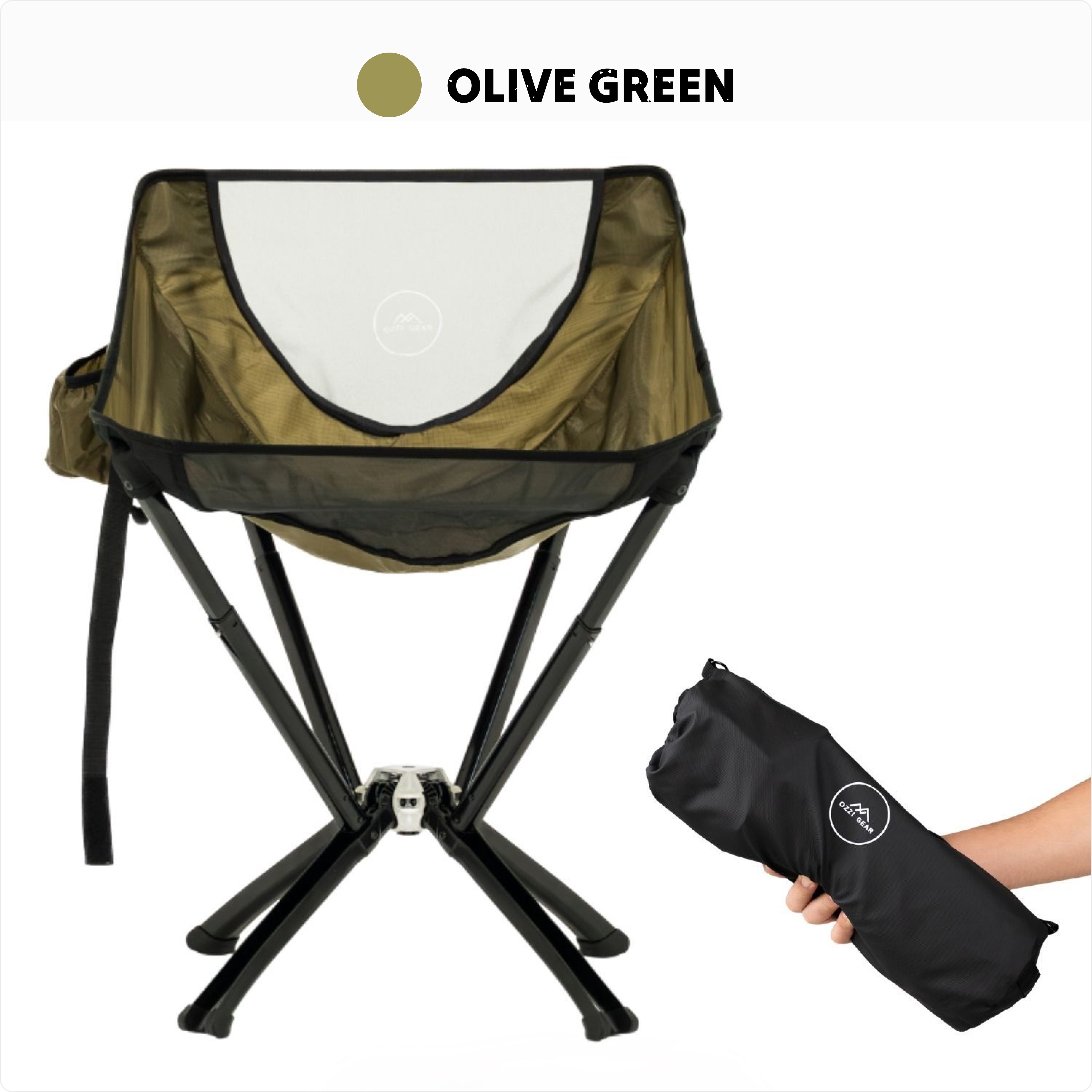 Olive green Ozzi Outdoor chair with carrying bag on a white background