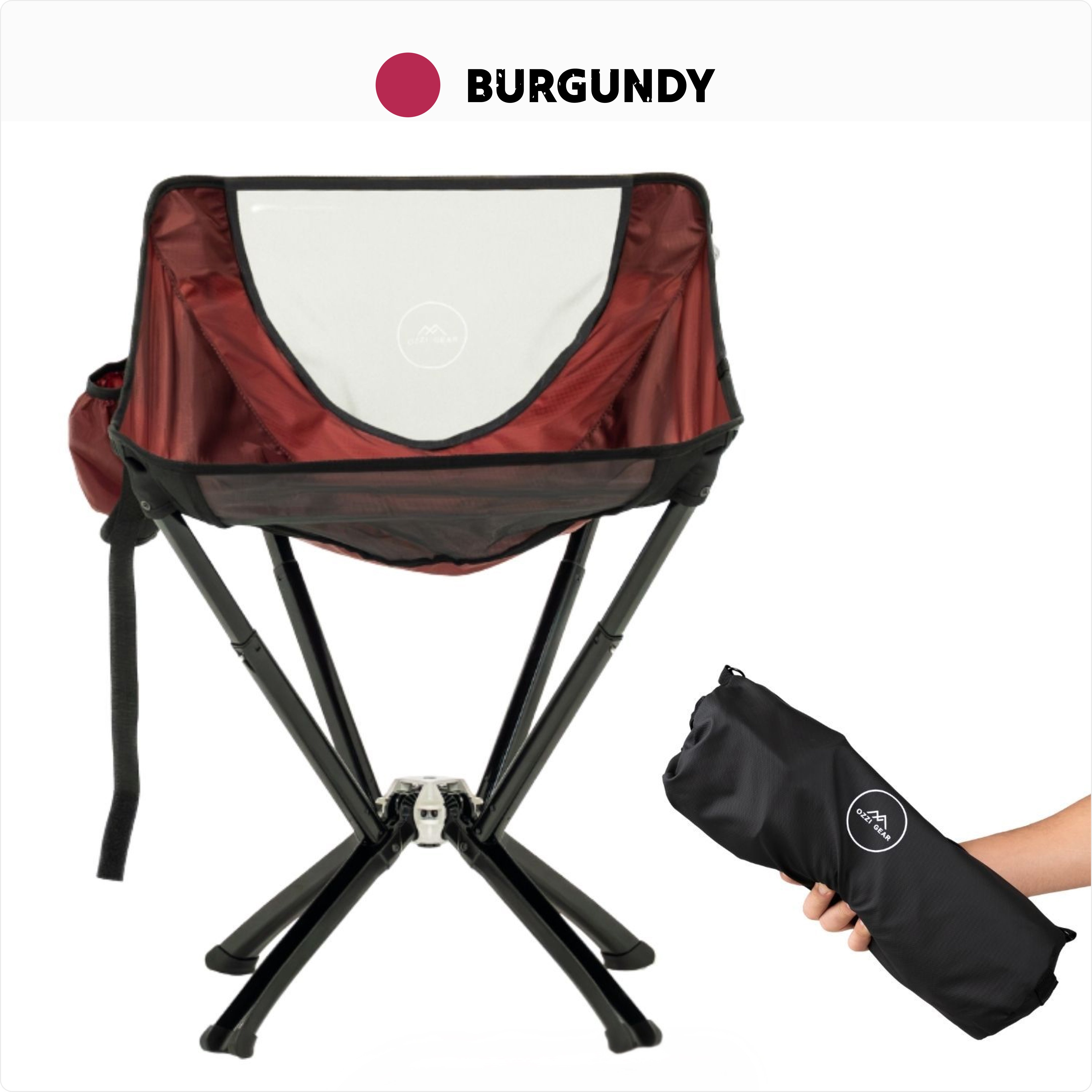Burgundy Ozzi Outdoor chair with carrying bag on a white background