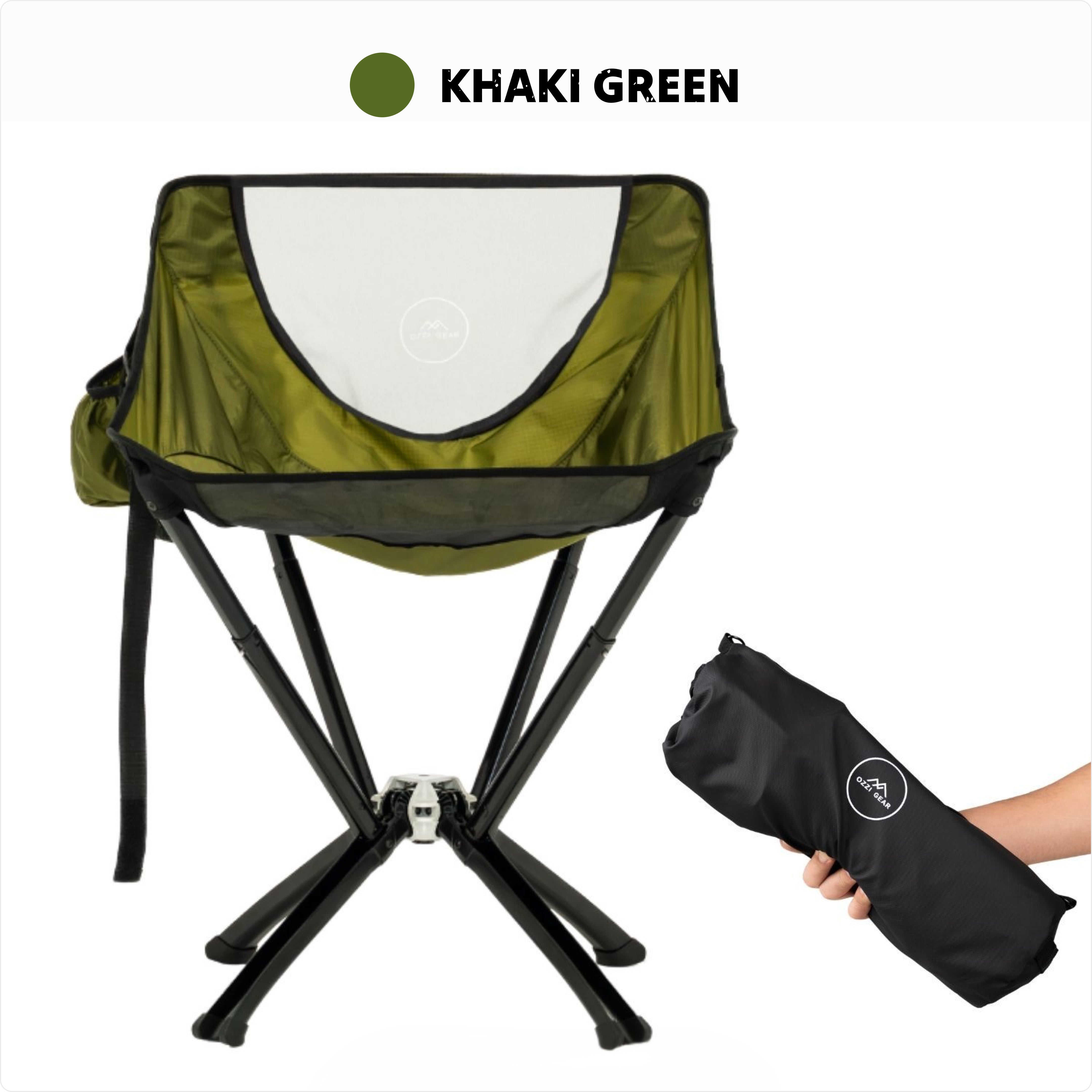 Khaki green Ozzi Outdoor chair with carrying bag on a white background