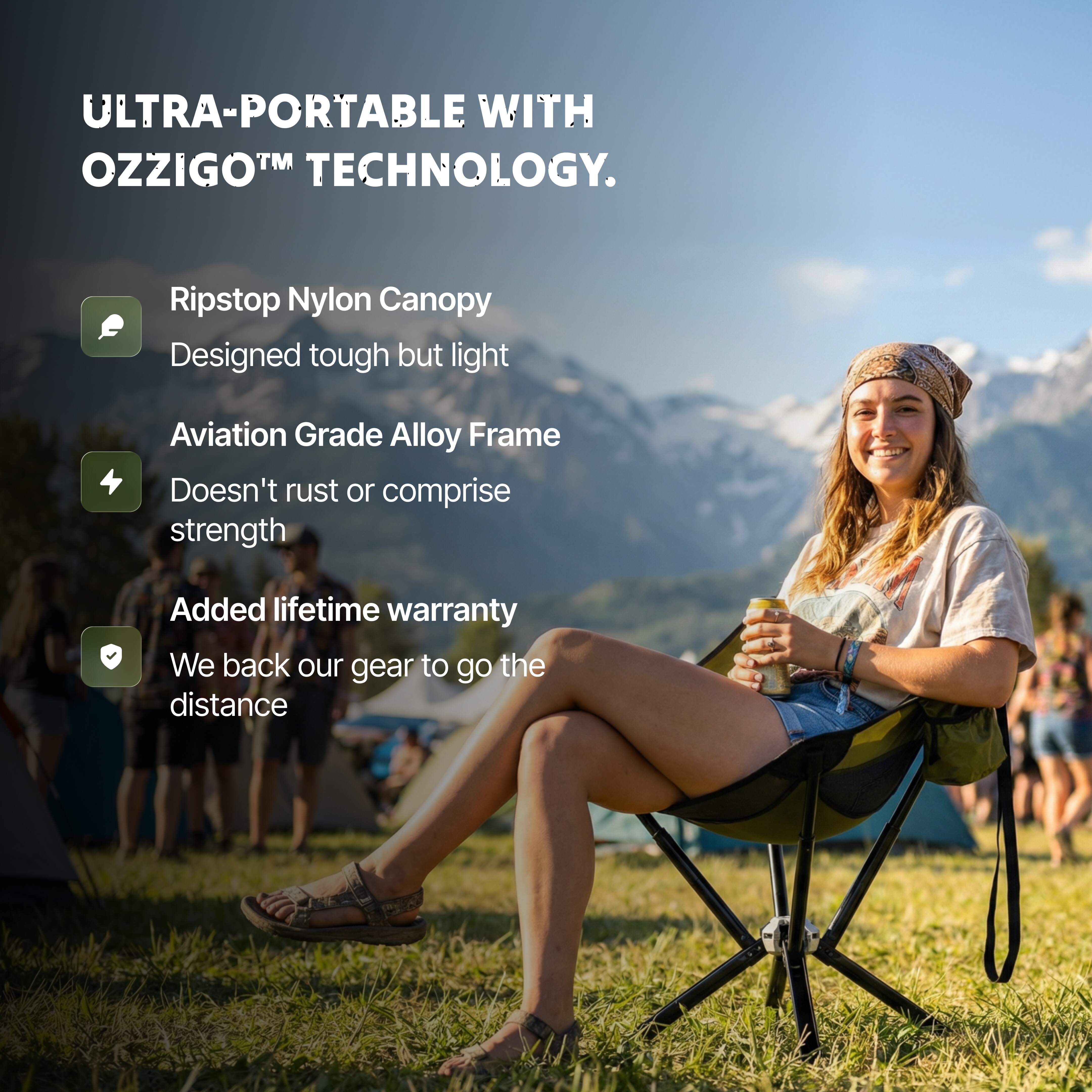 Person sitting on a Ozzi Outdoor chair with mountains in the background, featuring Ozzigo technology.