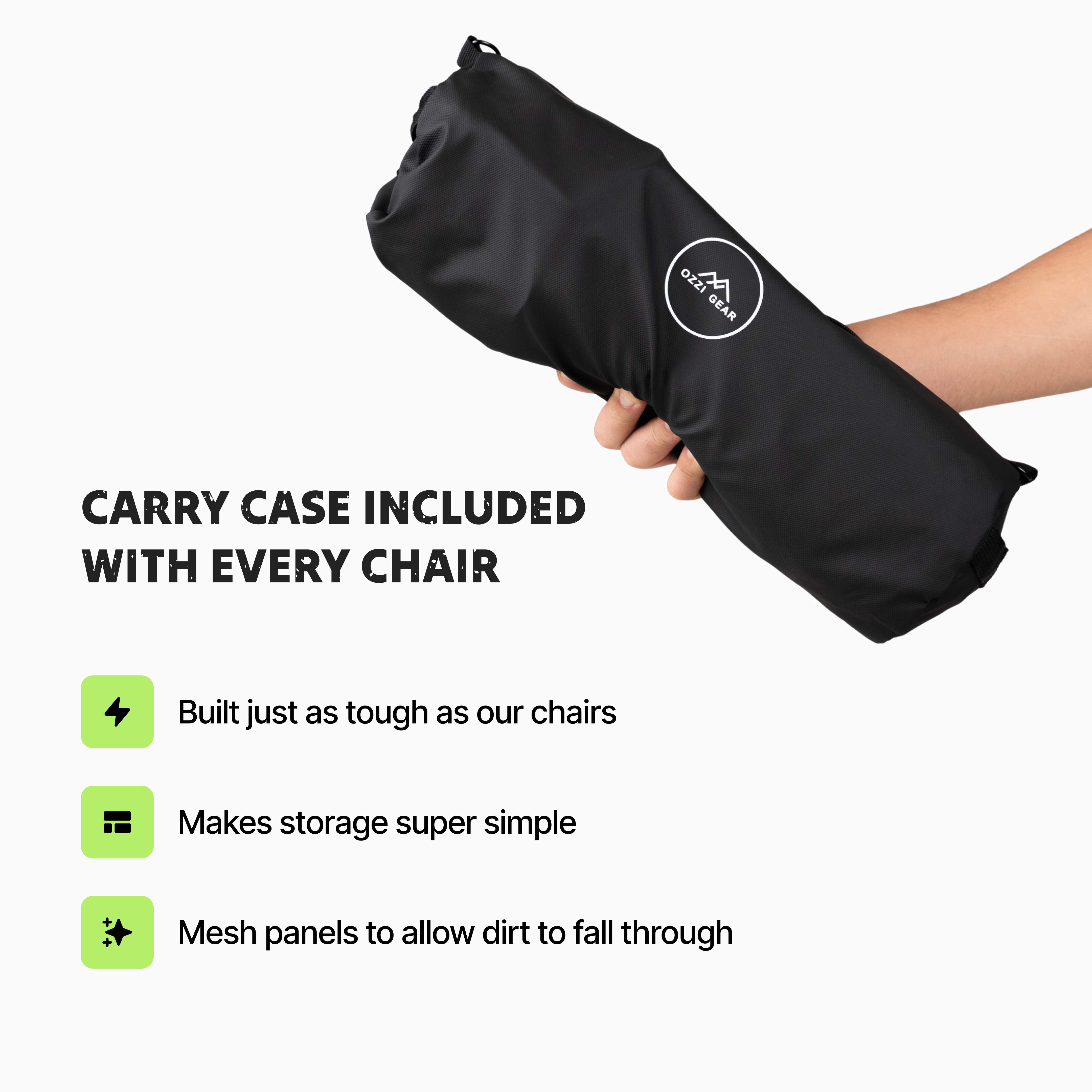 Black Ozzi Gear carry case for a chair held by a hand on a white background with text about the carry case.