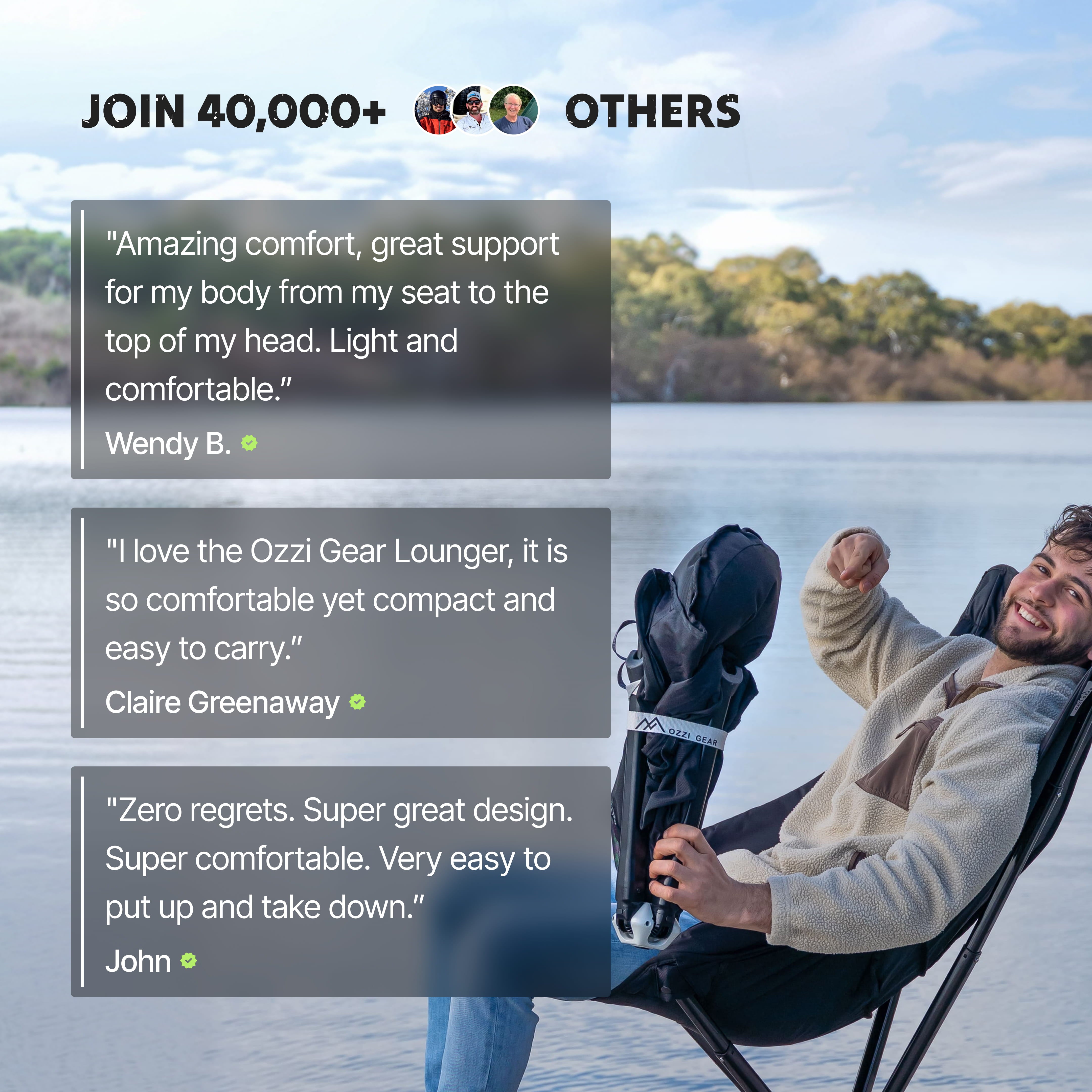 Person using a camping chair by a lake with product reviews displayed.