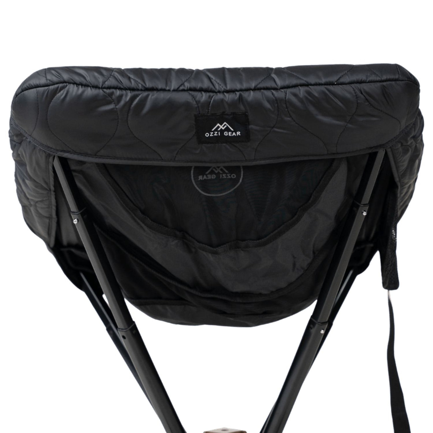Black camping chair with quilted design and Ozzi Gear branding on a white background