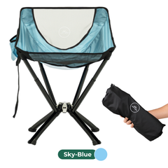 Foldable chair with black legs and a blue seat, accompanied by a carrying bag on a white background.