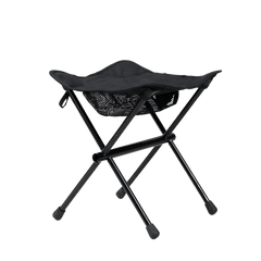 A black portable foot stool with metal frame and a fabric seat, designed for outdoor use.
