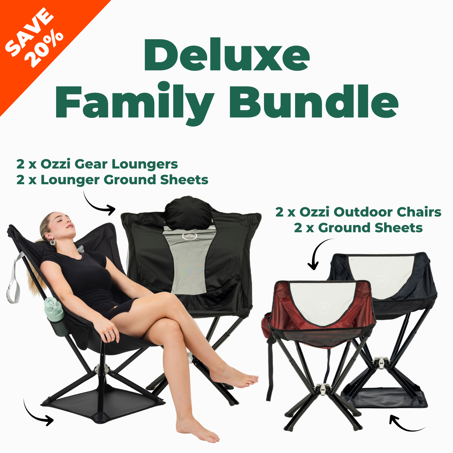 Deluxe Family Bundle with Ozzi Gear Loungers and Outdoor Chairs on a white background