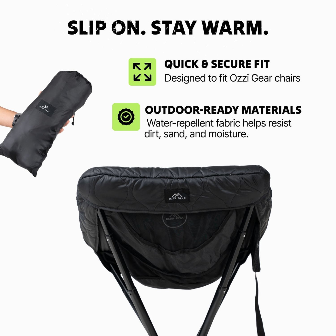 Ozzi Gear Seat Cover side view showing windproof and water-repellent design