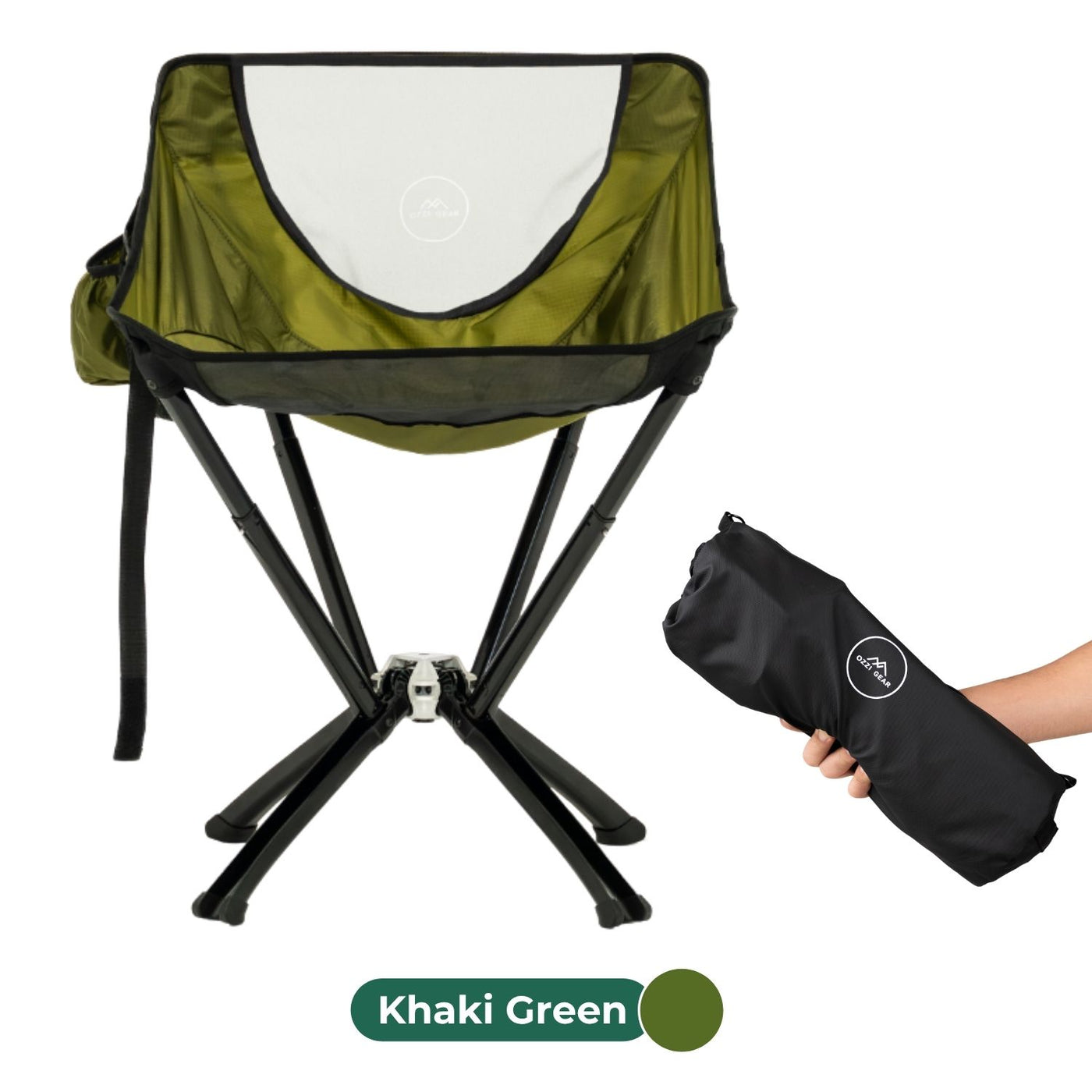 Khaki green camping chair with black legs and a carrying bag on a white background