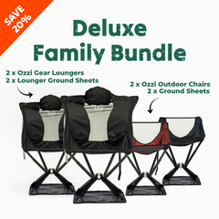 Deluxe Family Bundle with two Ozzi Outdoor Loungers and two compact folding outdoor chairs