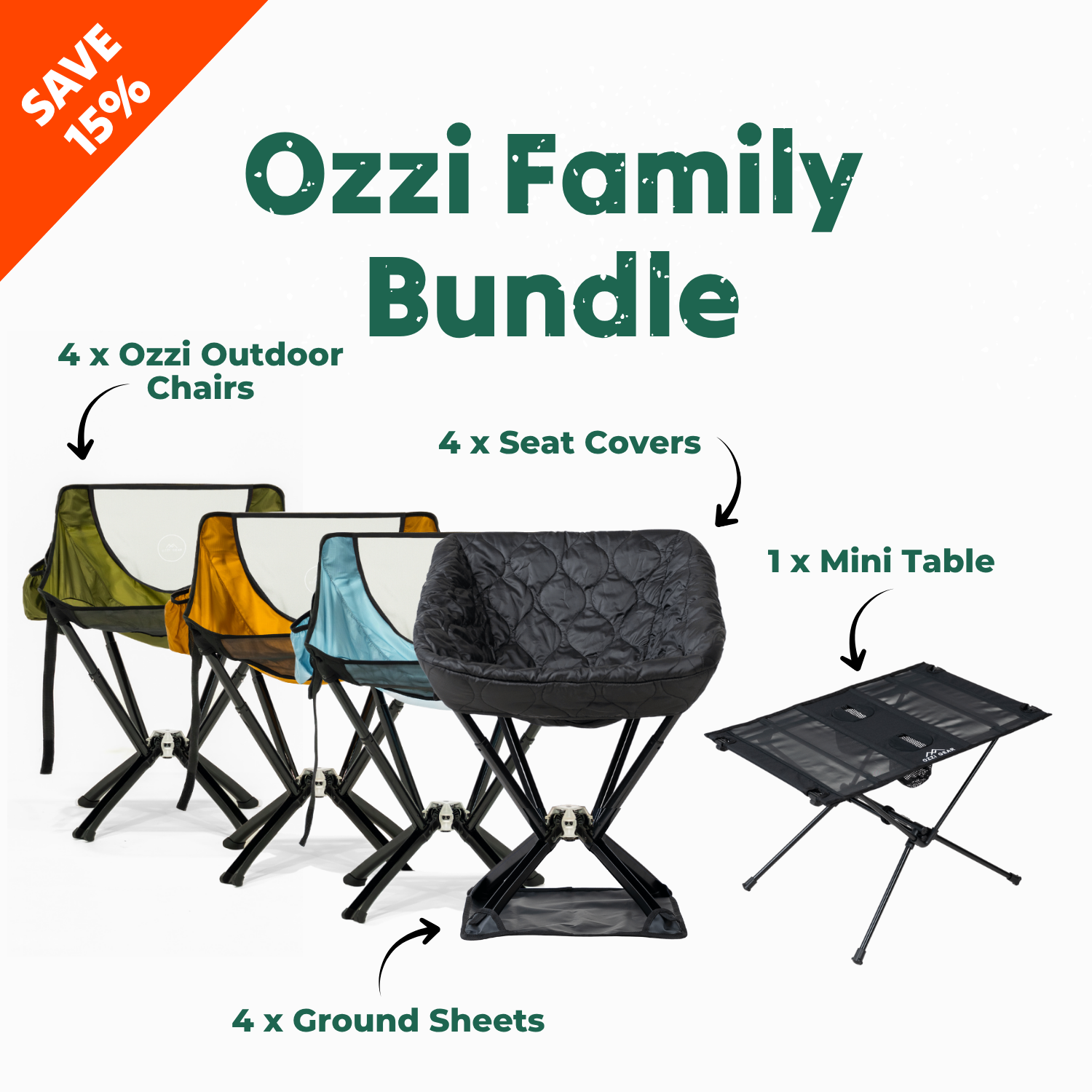 Ozzi Family Bundle complete outdoor chair set for four — chairs, seat covers, ground sheets and camping table