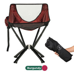Burgundy camping chair with carrying bag on a white background