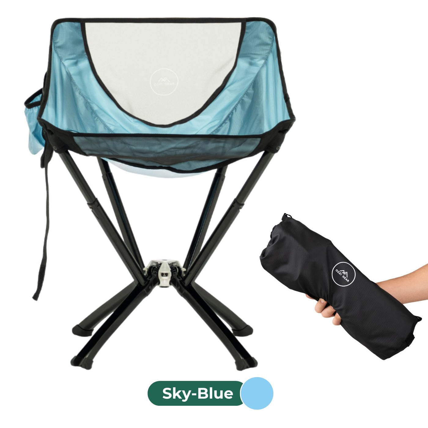 Foldable chair with sky-blue seat and black legs, accompanied by a carrying bag on a white background.