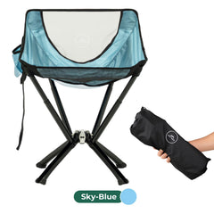 Foldable chair with sky-blue seat and black legs, accompanied by a carrying bag on a white background.