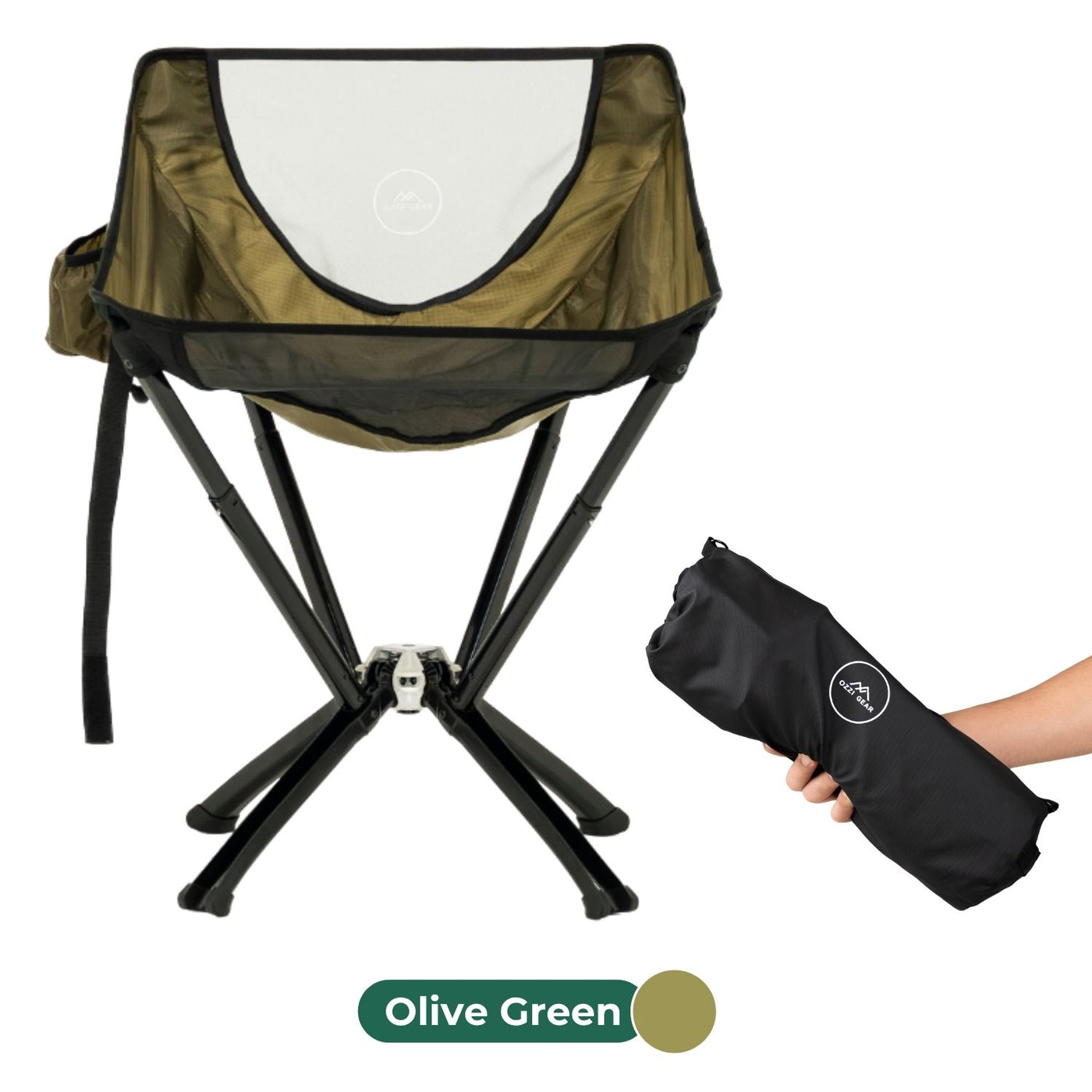 Olive green folding chair with carrying bag on a white background