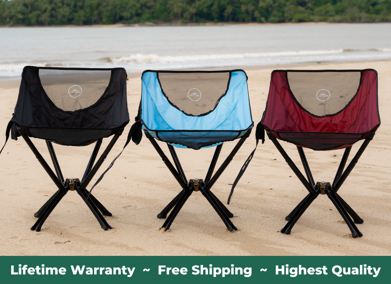 Three ozzi gear chairs lined up on a beach with text below indicating: lifetime warranty - free shipping - highest quality