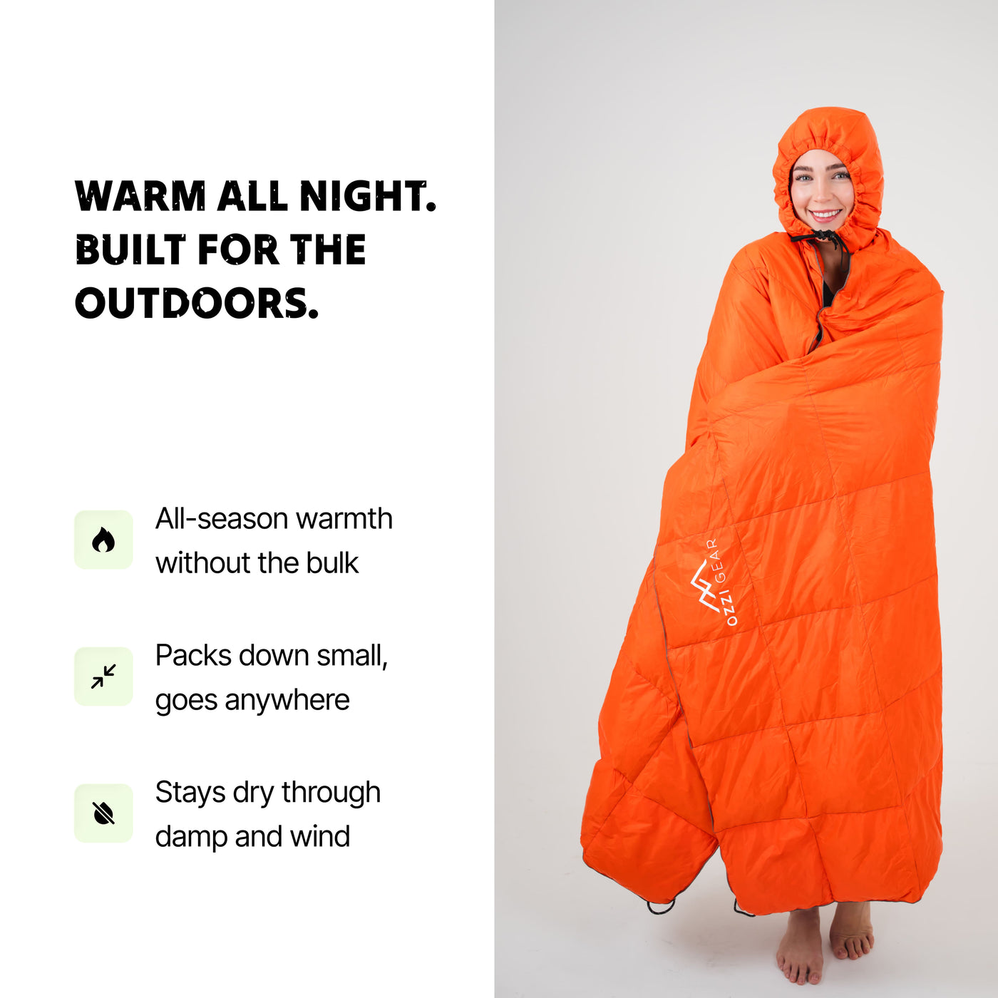 Ozzi Gear Puffy Hooded Blanket close-up showing hood design and puffy insulation