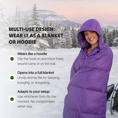 Person wearing the Ozzi Gear Puffy Hooded Blanket as a hoodie at a campsite
