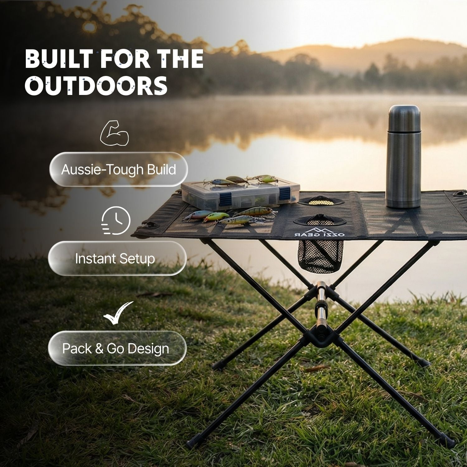GEEKFIELD MIL KHAKI × SC SLIDE TOP TABLE Ozzi Gear Mini Table | Portable Table with Cup Holders