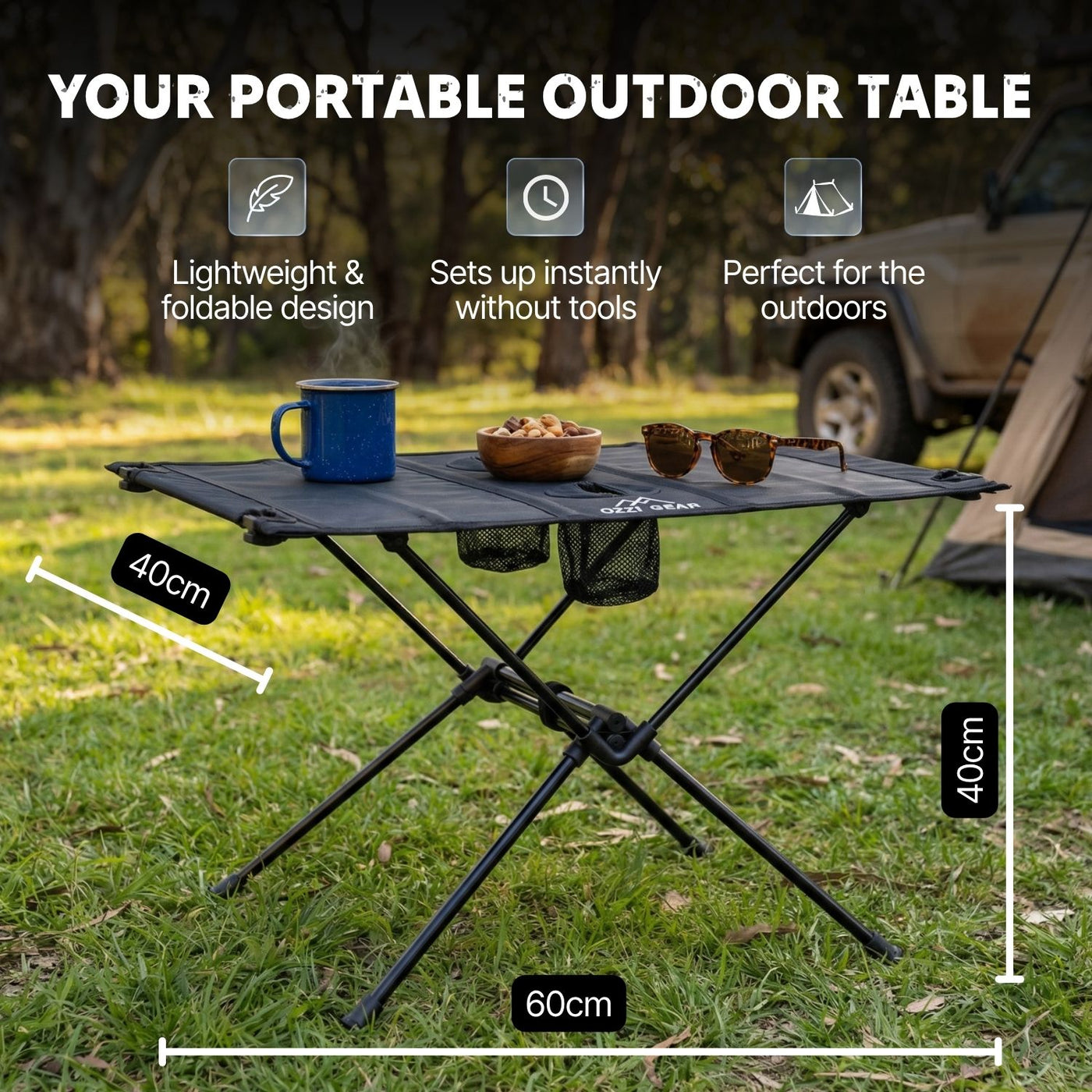 Ozzi Gear Mini Table lightweight folding camping side table set up outdoors with cup holders