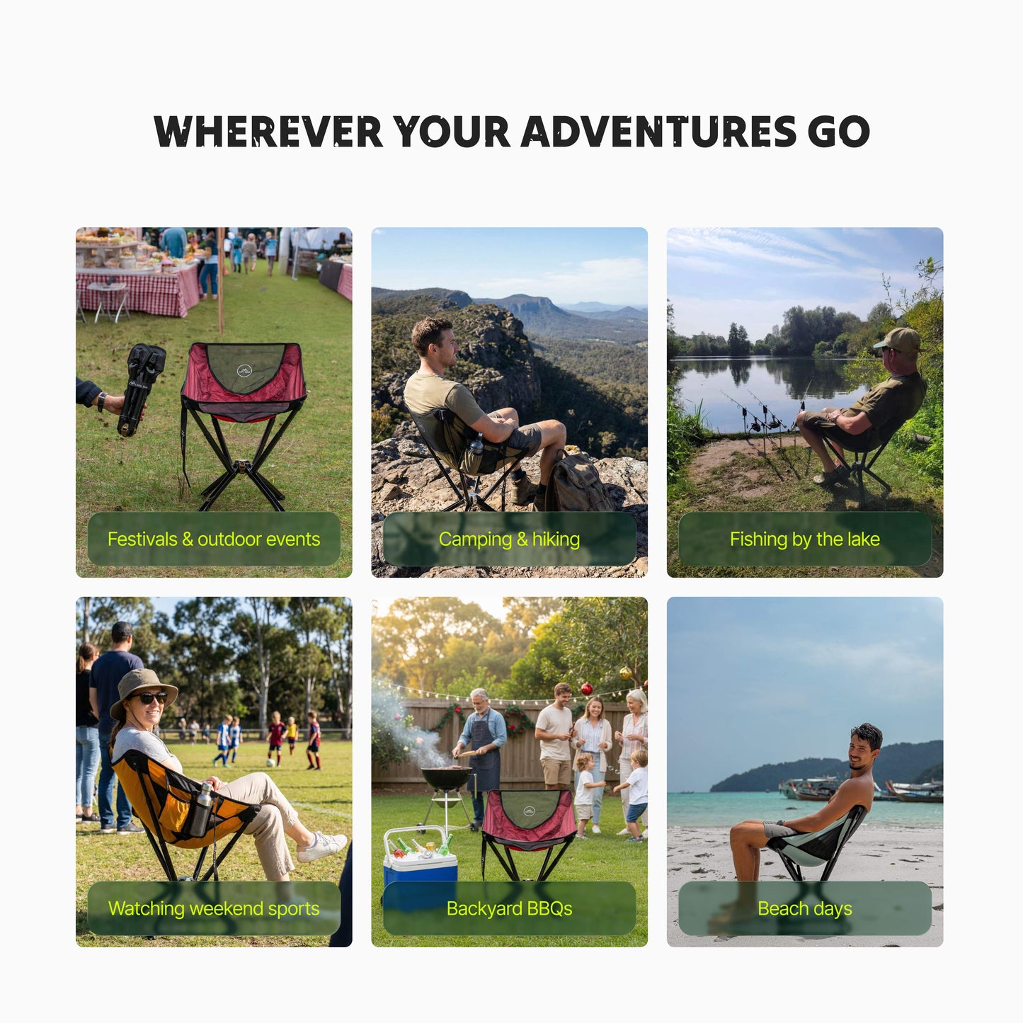 Collage of a Ozzi Outdoor chair used in various outdoor activities with text indicating different scenarios.