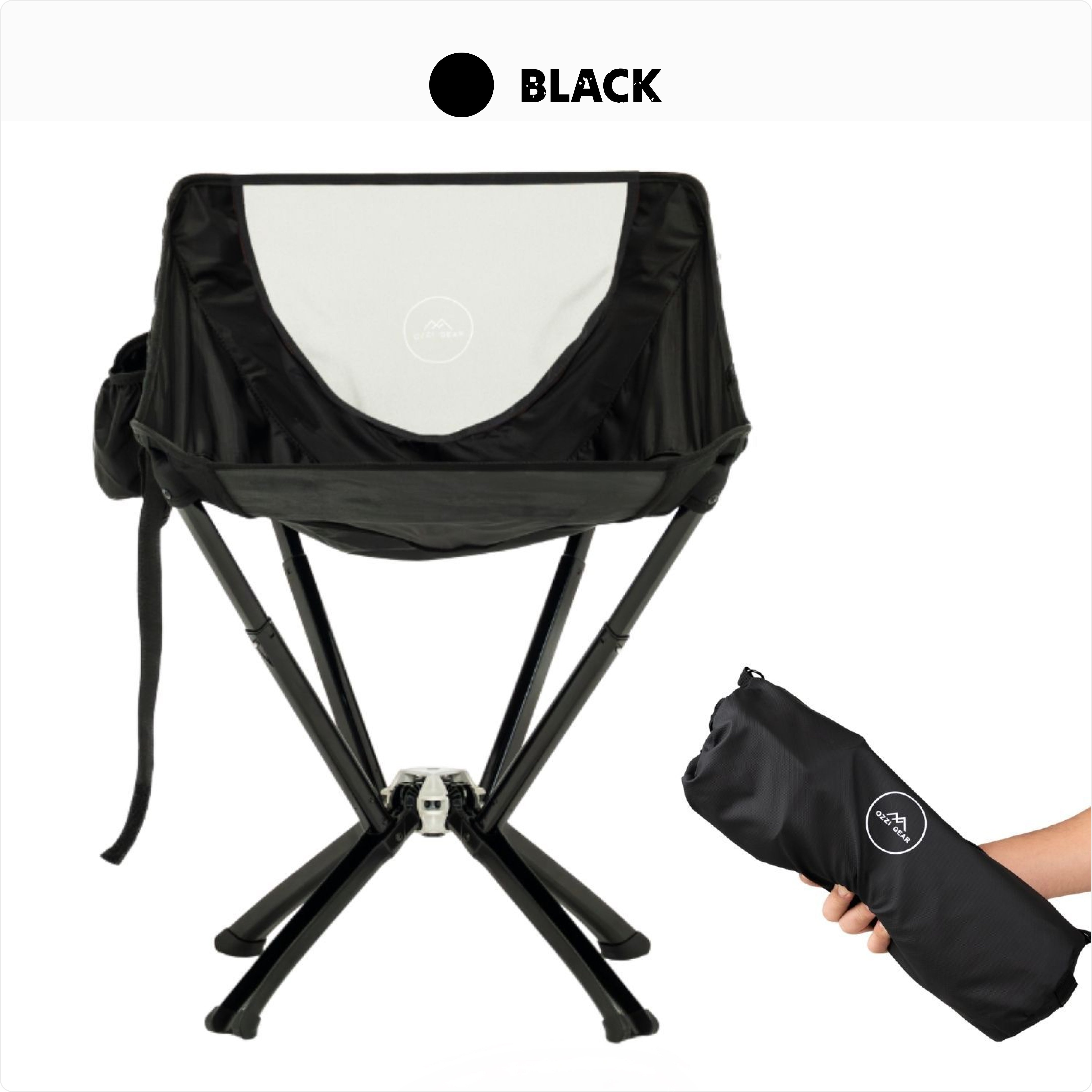 Black Ozzi Outdoor chair with carrying bag on a white background