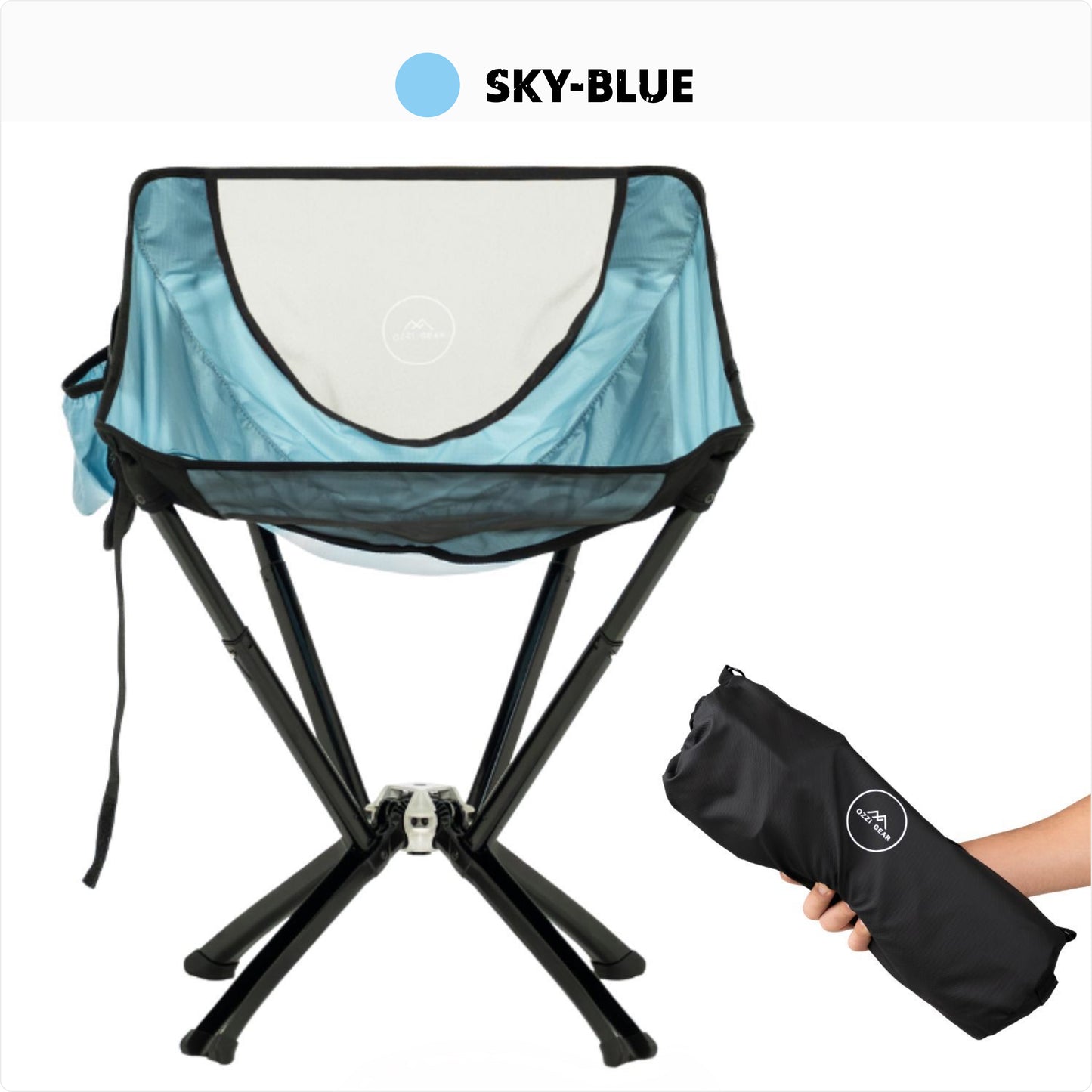 Foldable Ozzi Outdoor chair with sky-blue cover and carrying bag on a white background