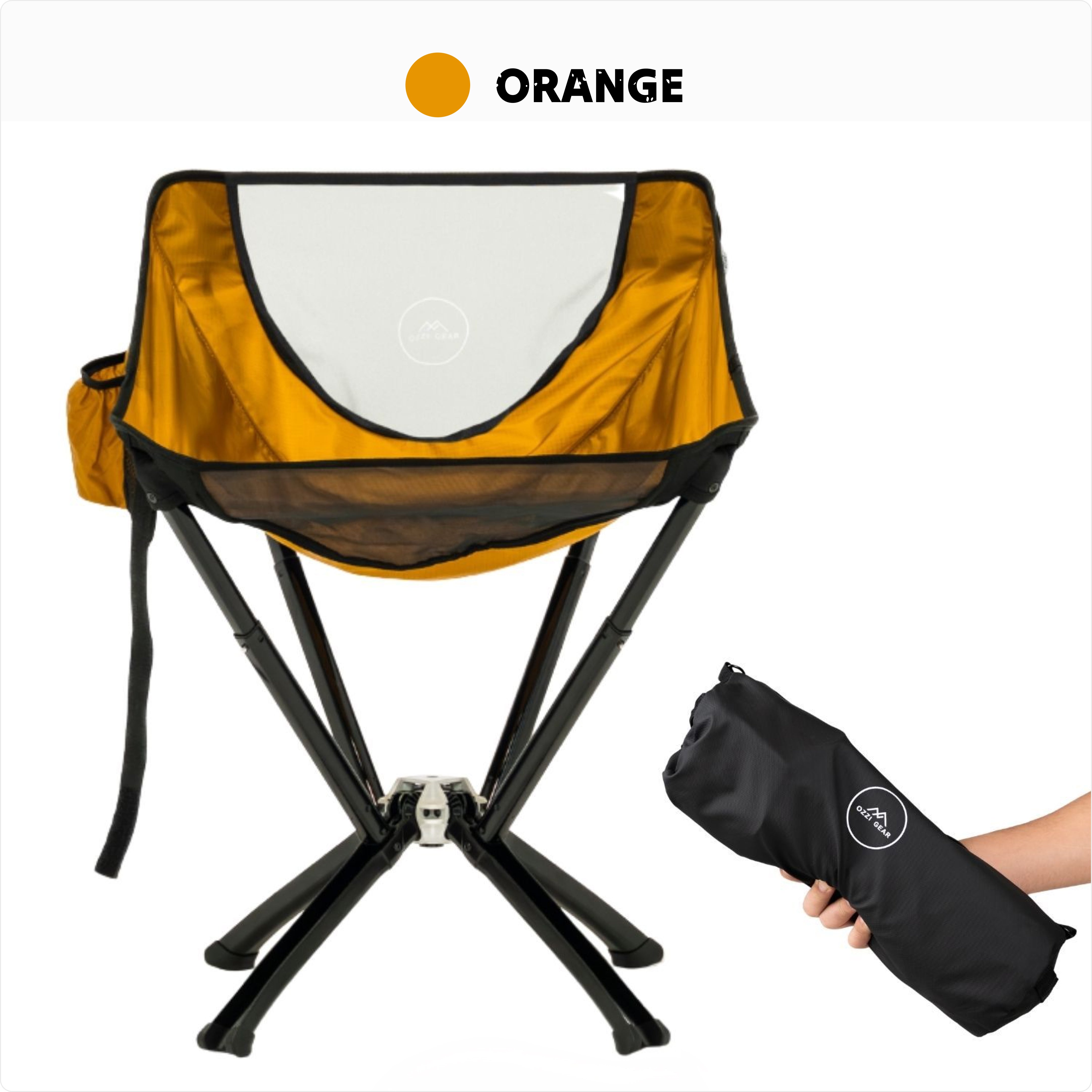 Orange Ozzi Outdoor chair with black legs and carrying bag on a white background