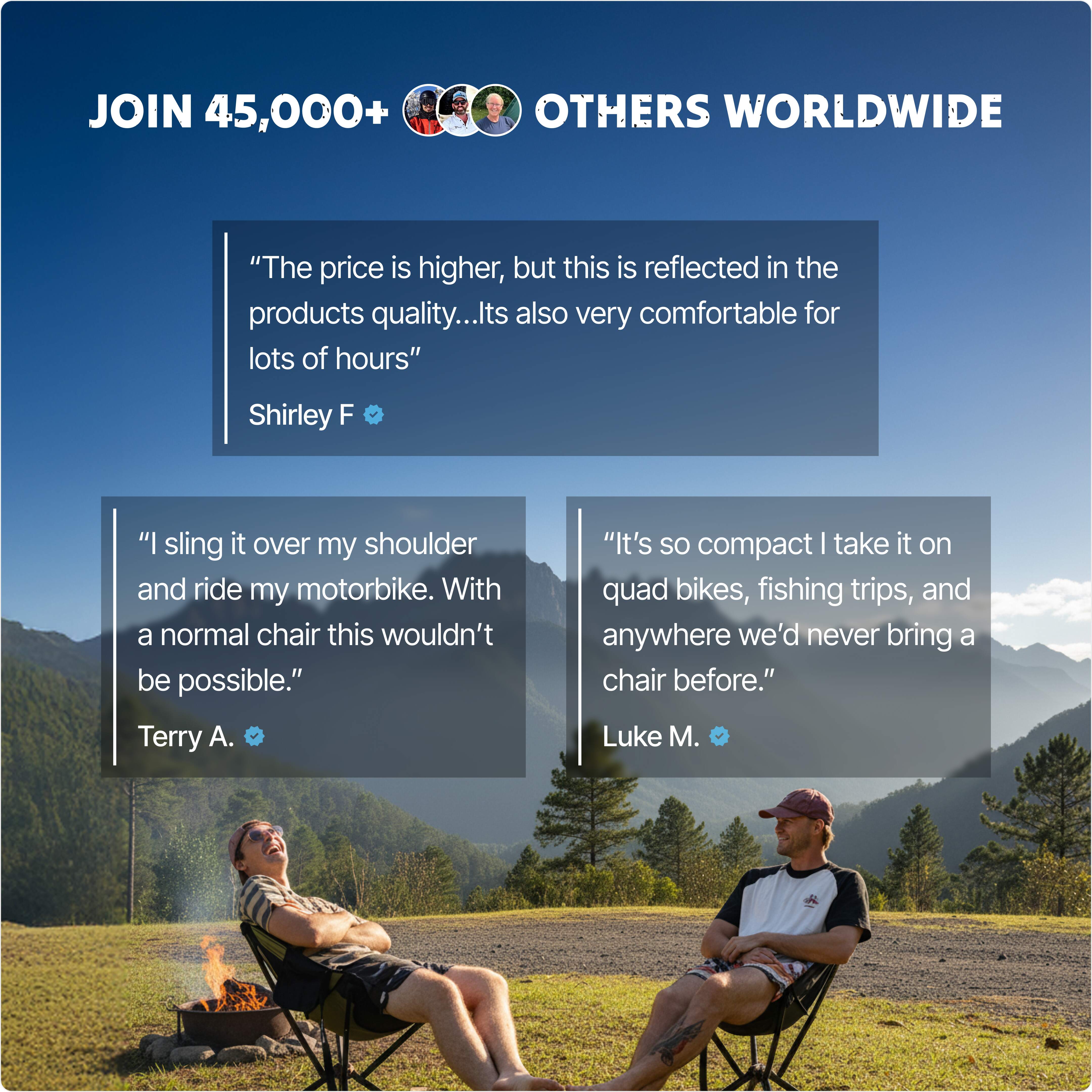 Two people sitting in Ozzi Outdoor chairs outdoors with a scenic background, featuring customer testimonials.