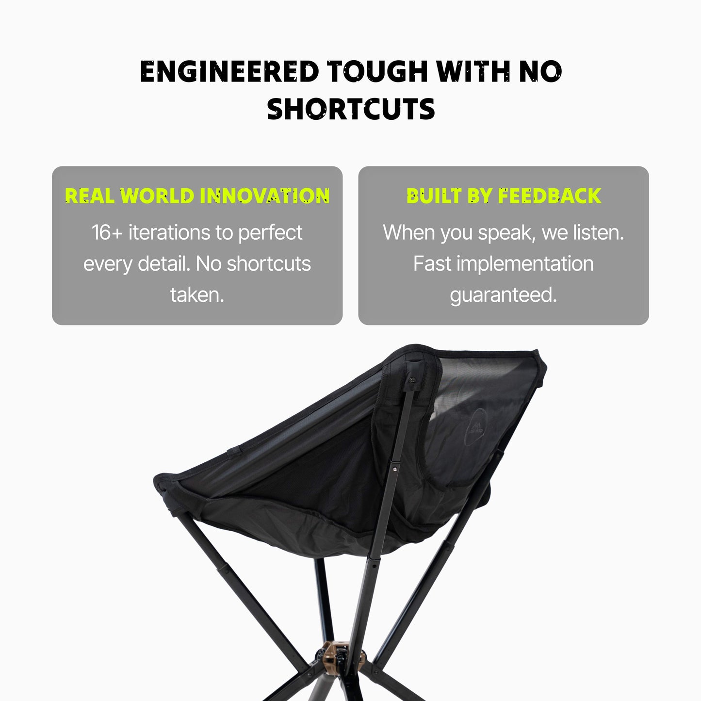 Black folding chair with text about engineering and feedback on a white background