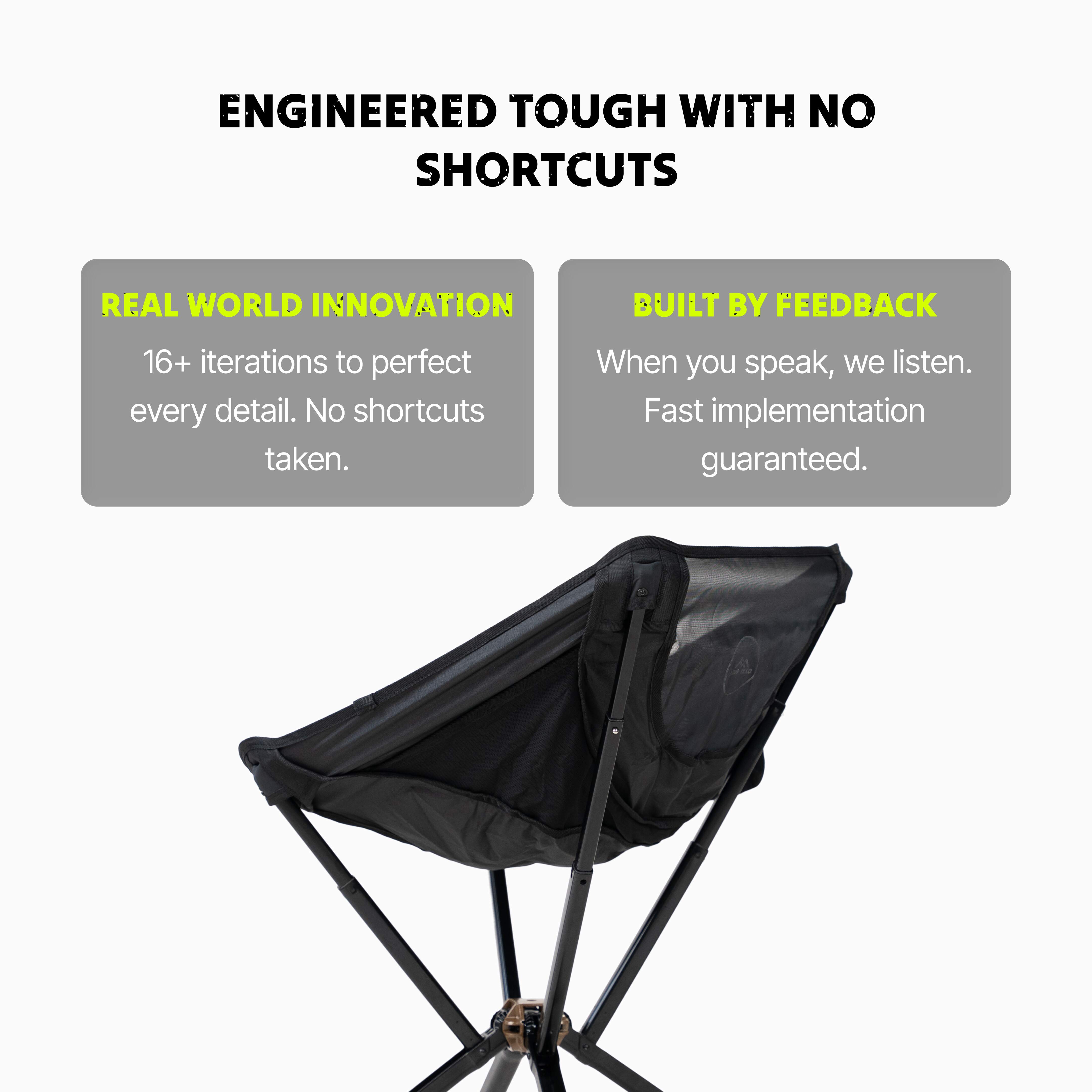 Black folding chair with text about engineering and feedback on a white background