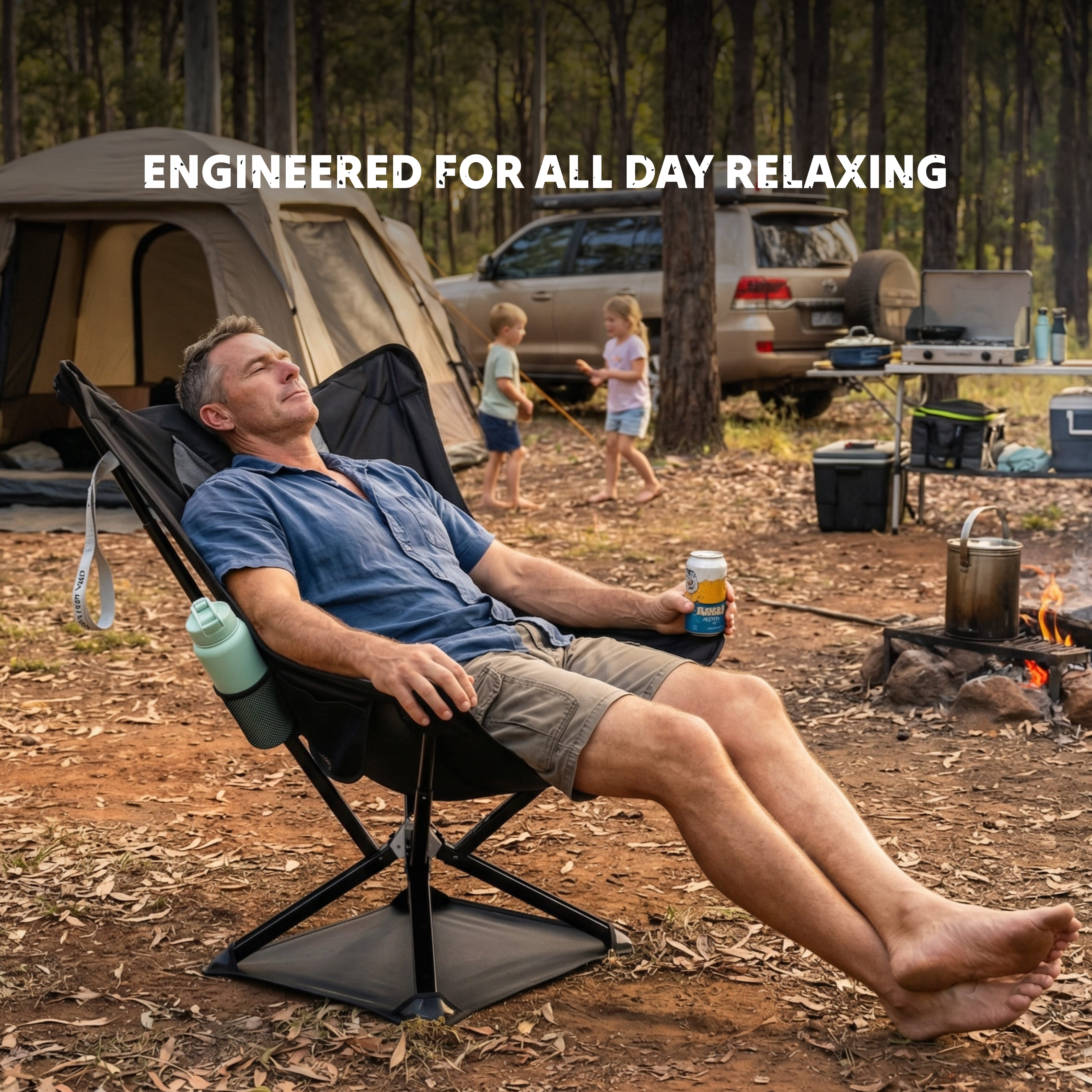 Man relaxing in a Ozzi Gear Lounger camping chair with a campsite in the background