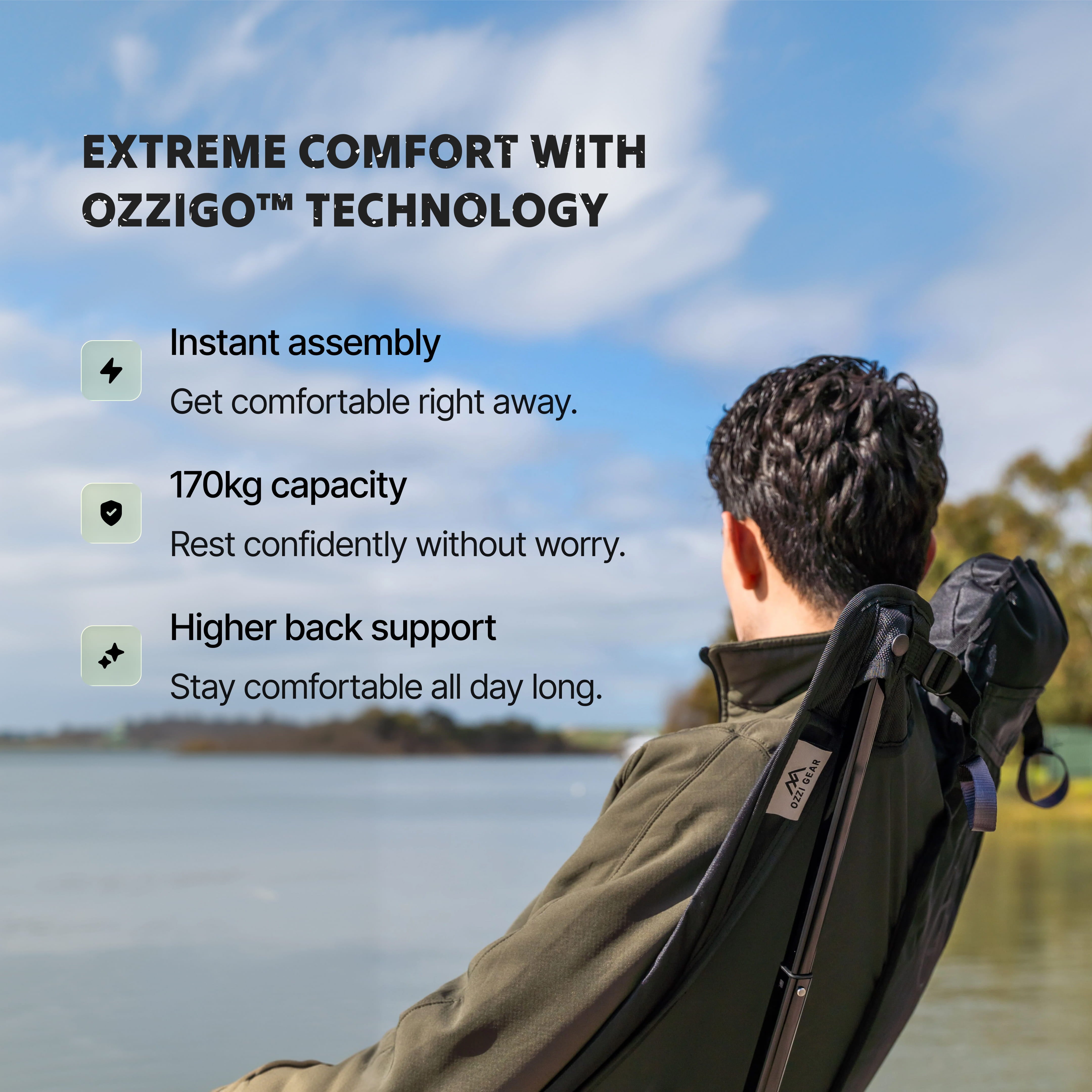 Person using a camping chair by a lake with text about Ozzigo technology