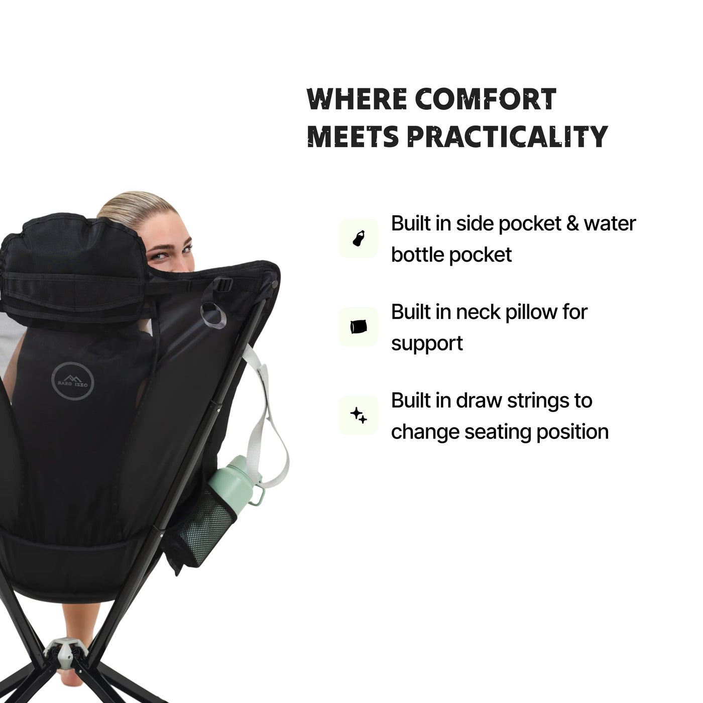 Black portable Ozzi Gear Lounger with features listed on a white background