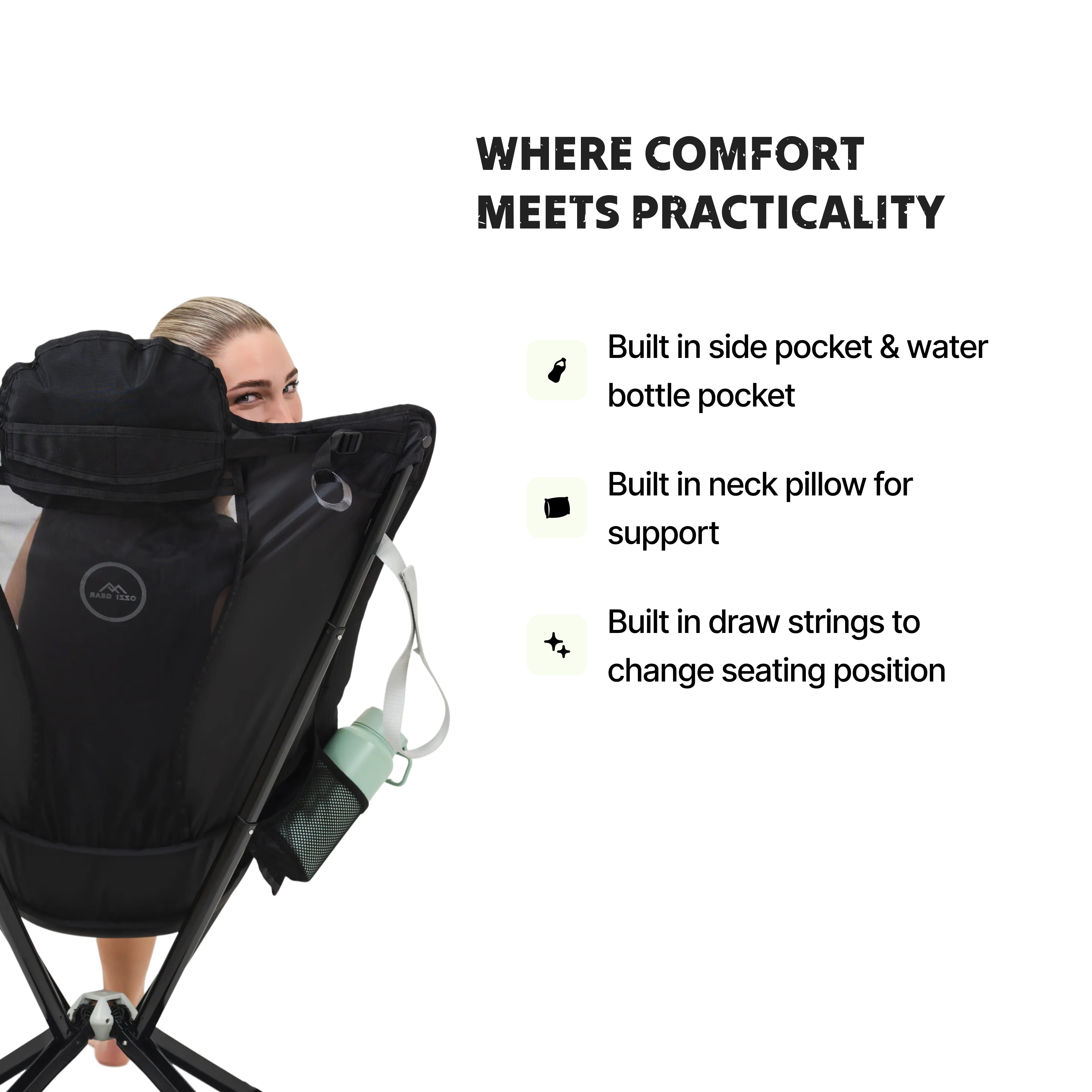 Black portable Ozzi Gear Lounger with features listed on a white background